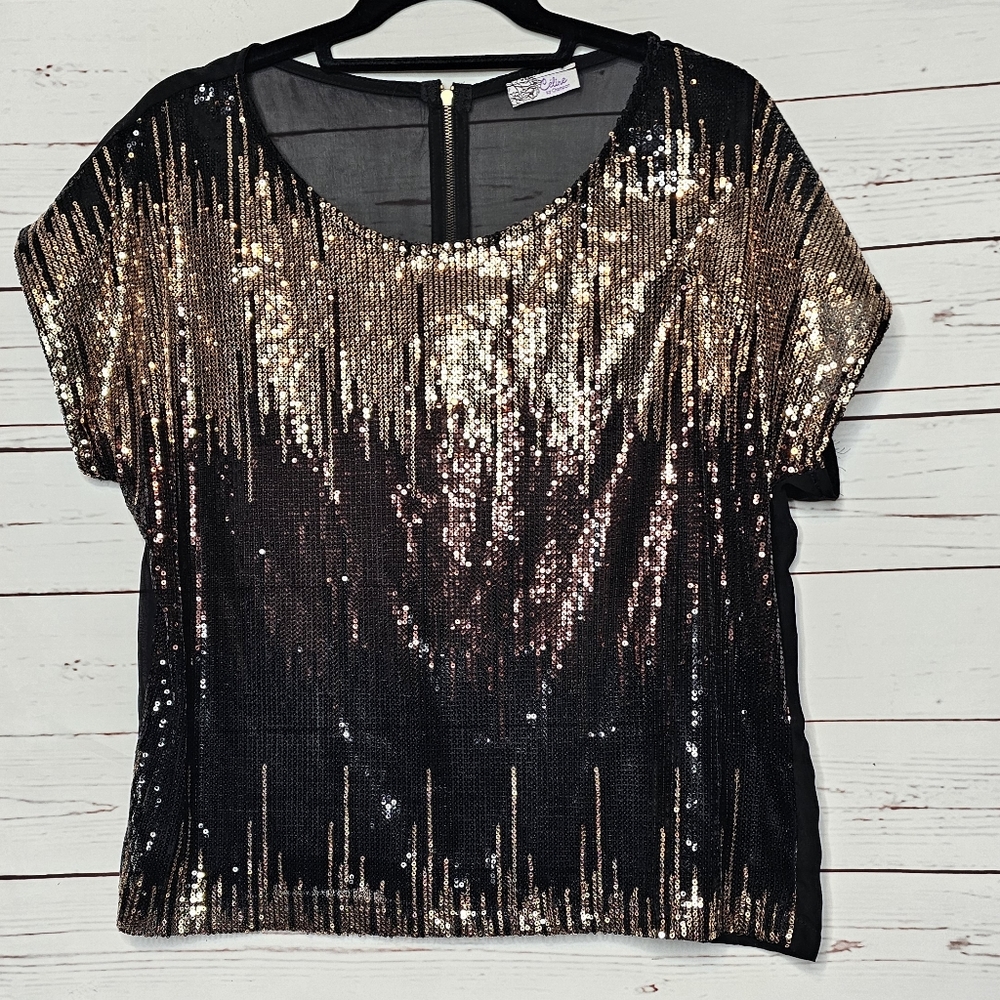 Celine by Champion Black Sheer Gold Sequin Cap Sleeve Top